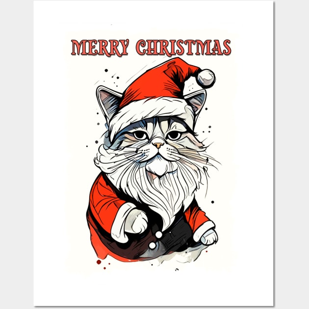 Funny Merry Christmas Quote Cute Santa Claus Cat Illustration for Pet Lovers and Owners Wall Art by Naumovski